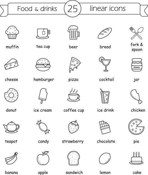 食物和饮料线性图标设置与标志图片下载
