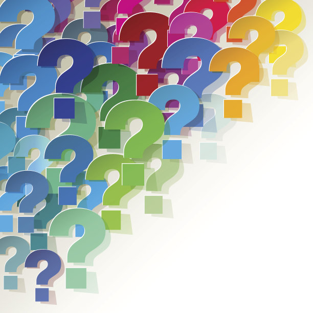 白色背景的角落里有彩色的纸问号。素材图片