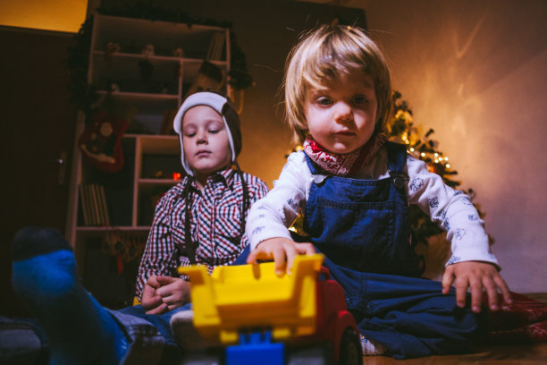 可爱的兄弟在圣诞夜玩耍图片下载