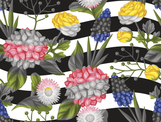 无缝模式与园林花卉。装饰花，毛茛属，麝香属图片下载