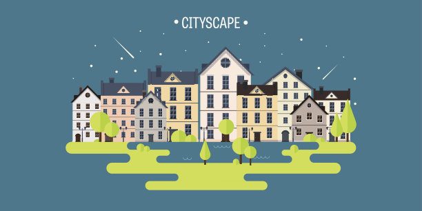 矢量插图。春天,夏天。一个城市轮廓。城市景观。城市的天际线图片下载