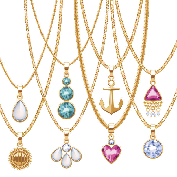 有不同吊坠的金链子。图片下载