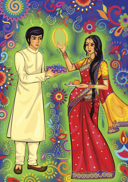 印度夫妇在卡瓦Chauth庆祝活动中透过筛子图片下载