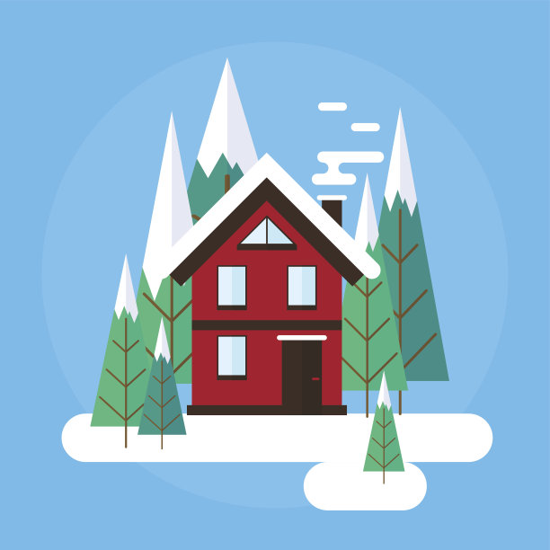 向量冬季景观。平面设计。山，建筑，树和雪。图片下载