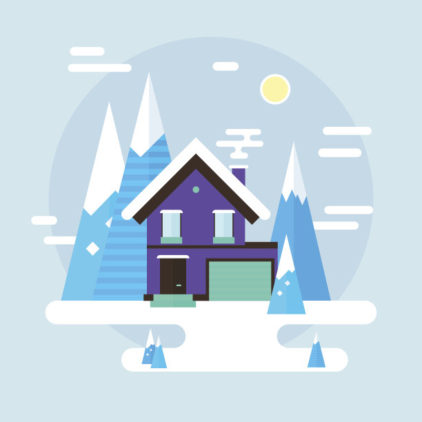 向量冬季景观。平面设计。山，建筑，树和雪。图片下载