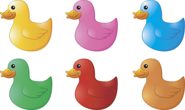 白色背景上的几种颜色的橡皮鸭子图片下载