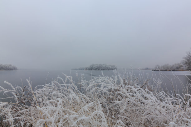 荒岛在雾。冬天。河上结了冰图片下载