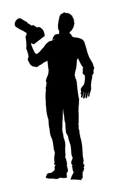 一个摄影师的剪影与单反相机孤立在白色图片下载