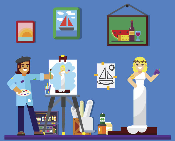 在工作的画家，在工作室画模特图片下载