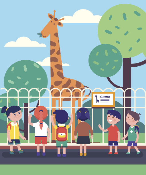 一群孩子在动物园里观看长颈鹿图片下载