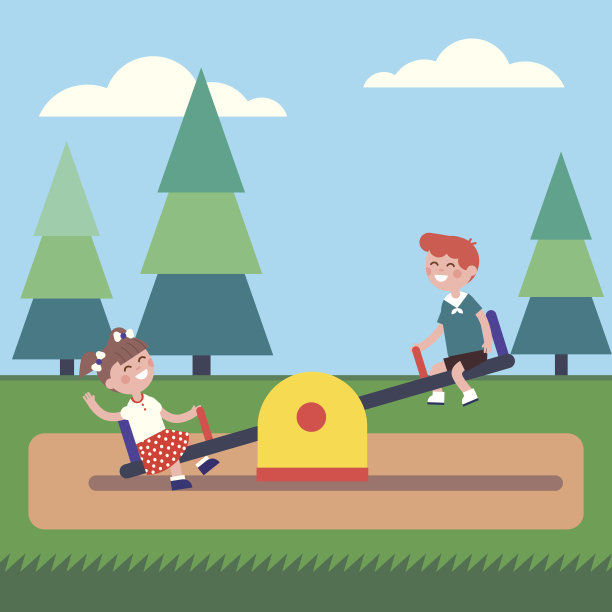 男孩和女孩在公园里玩跷跷板素材图片
