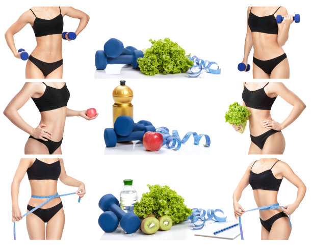 带着哑铃，卷尺和苹果的运动型女人图片下载