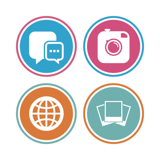 社交媒体图标。聊天语音泡泡和地球仪。图片下载