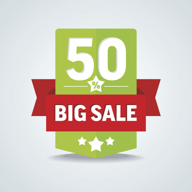 大减价，红丝带的50%徽章。图片下载