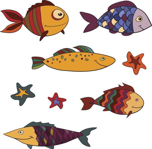 鱼。一套卡通鱼。图片下载