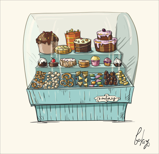 手绘柜台与面包房。橱窗和糕点图片下载