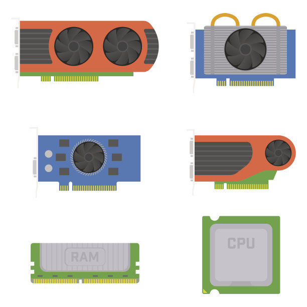 计算机元件-显卡，RAM，处理器。向量集。图片下载