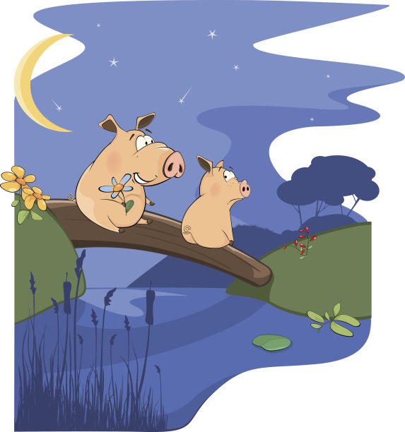 两只小猪正在谈恋爱。卡通图片下载