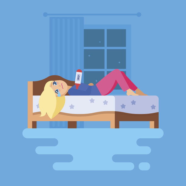 女孩拿着体温计躺在床上哭。图片下载