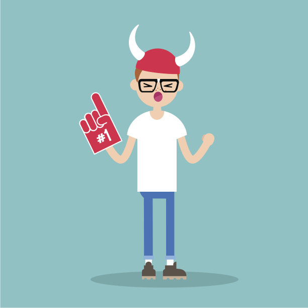 年轻的书呆子戴着角帽和泡沫手指图片下载