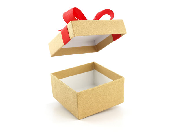 打开并清空带有红色丝带蝴蝶结的金色礼盒图片下载