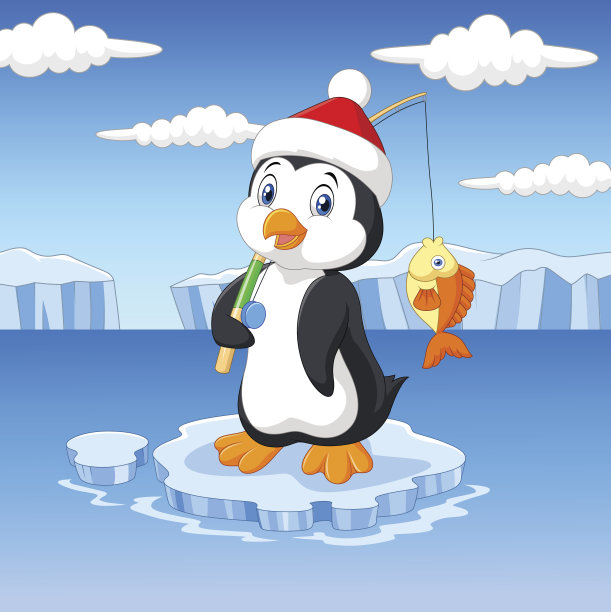 卡通捕鱼企鹅站在浮冰上图片下载