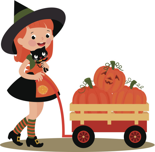 万圣节女巫推着装满南瓜的手推车图片下载