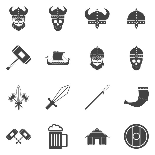 维京人和斯堪的纳维亚人的物品，食物，武器的平面图标设置图片下载