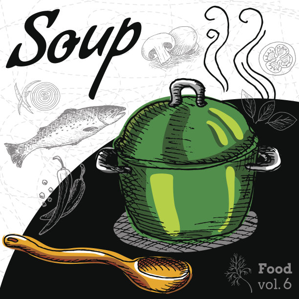 热汤在绿色的锅和木勺。图片下载