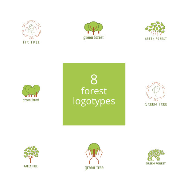 一套8棵树和森林标志。图片下载