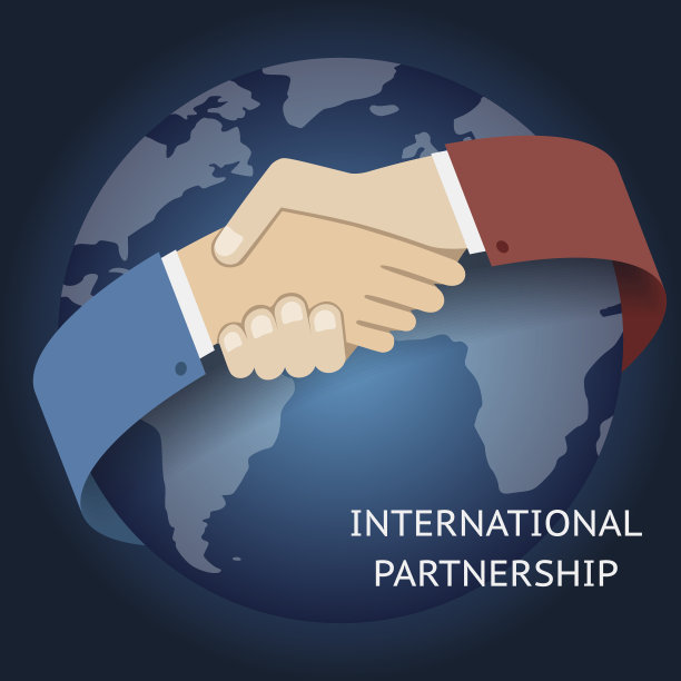 全球地图上的国际合作图标商人握手符号图片下载