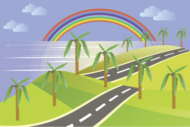 海边碧水，山，棕榈，路，彩虹图片下载