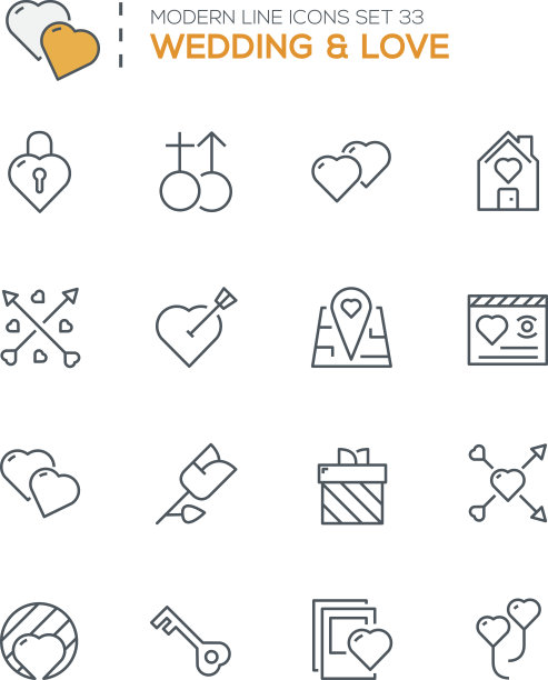 一套现代线条图标的婚礼图标图片下载