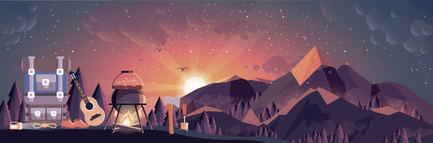 夜景、山川、日落、旅游、自然、锅、火的插画图片下载