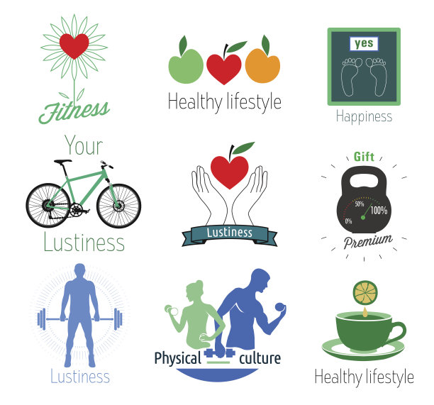 一套运动和健身标志模板和元素的设计。图片下载