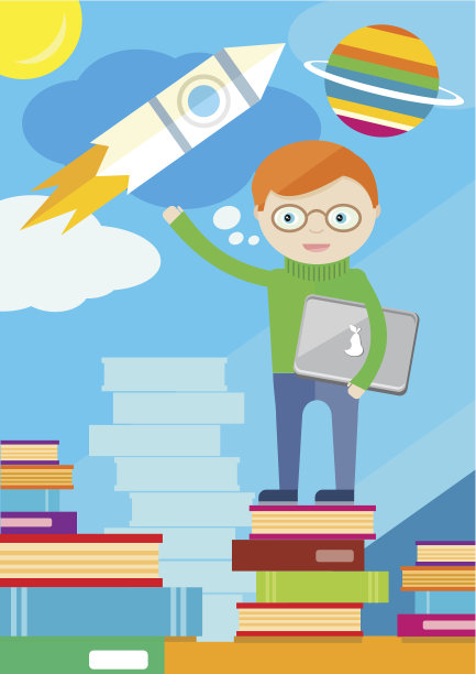 手拿笔记本电脑的男孩站在书上展示火箭图片下载