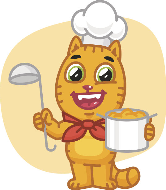 猫厨师拿着平底锅和勺子图片下载