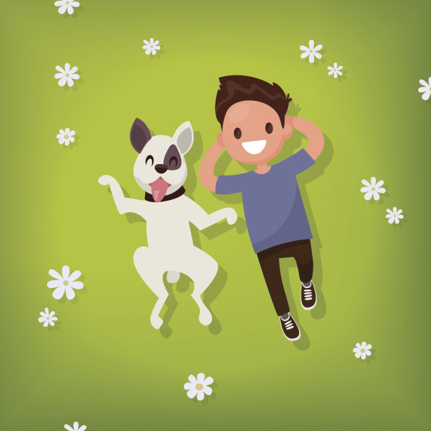 男孩和狗躺在草地上。矢量图图片下载