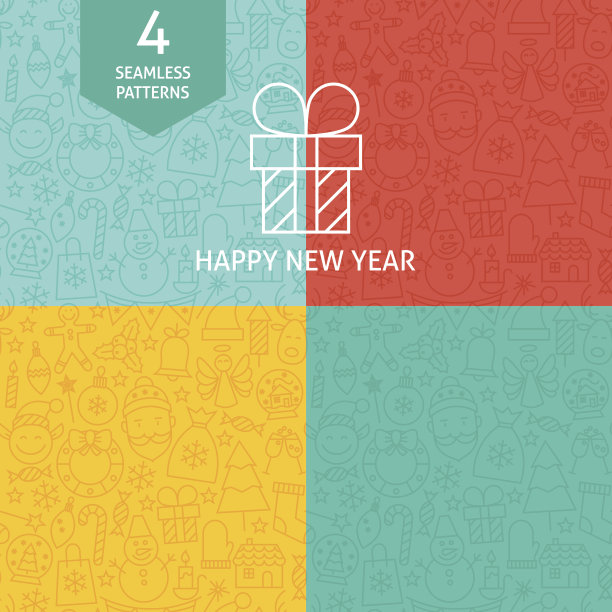 细线新年快乐节日图案套装图片下载