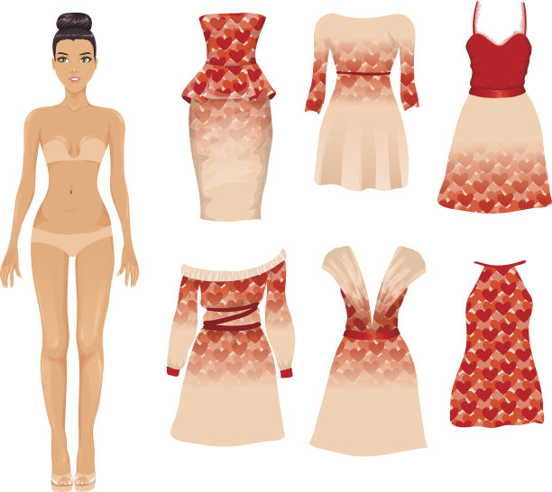 向量设置不同的米色和红色情人节连衣裙图片下载