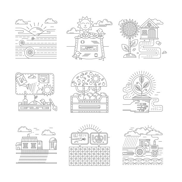 农业农场矢量图标设置直线风格图片下载