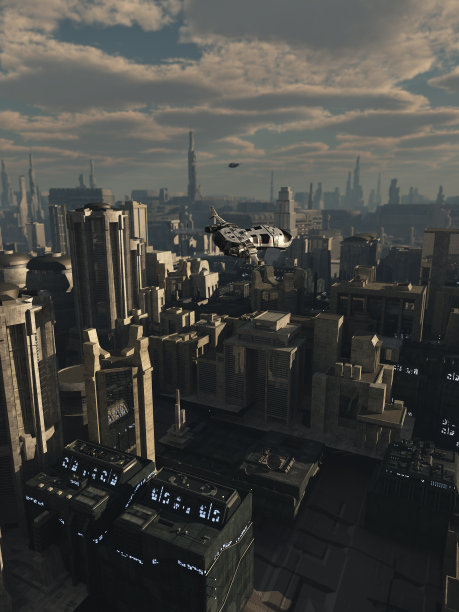 未来城市上空的航天飞机图片下载