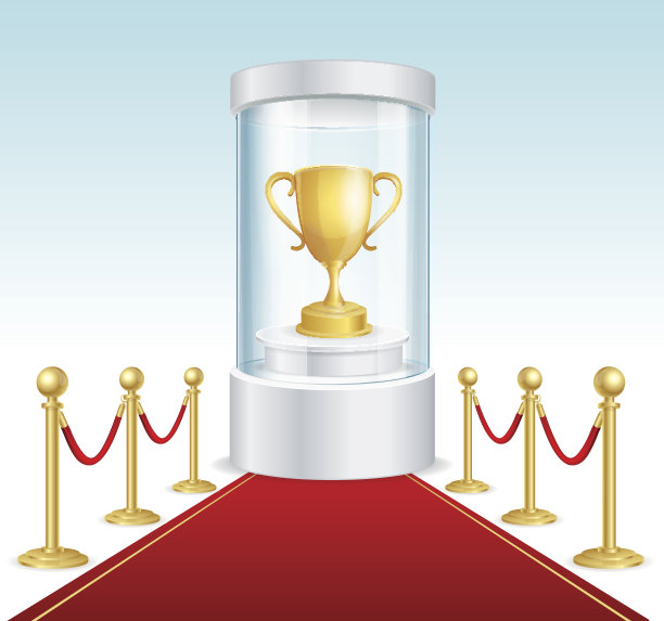 圆形玻璃陈列柜与金杯。向量图片下载