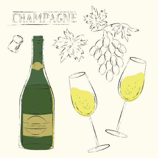 香槟酒瓶，长笛酒杯，葡萄酒葡萄和软木塞素描病图片下载