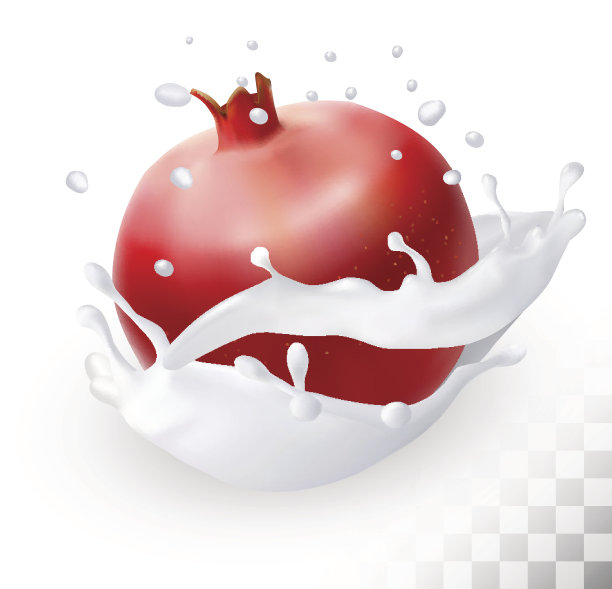 石榴或石榴石在牛奶溅在透明的背景图片下载