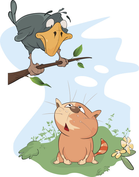 乌鸦和猫的插图。卡通图片下载