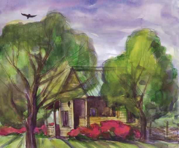 乡村景观房子在花园里。水彩画图片下载