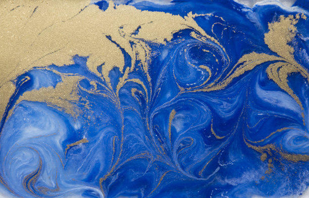 蓝色和金色液体纹理，水彩手绘大理石纹路插图图片下载