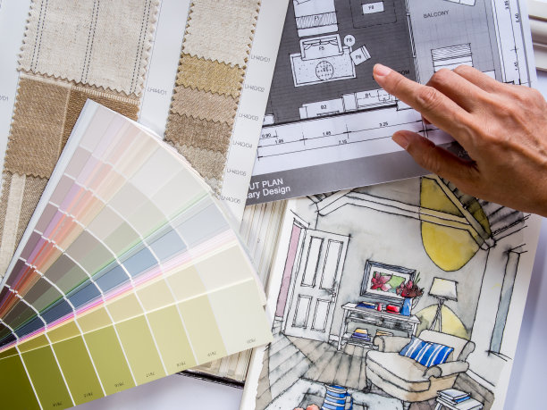 室内设计师的手绘效果图和颜色样品图片下载