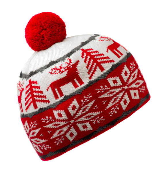 编织帽子孤立在白色背景。帽子与绒球。图片下载